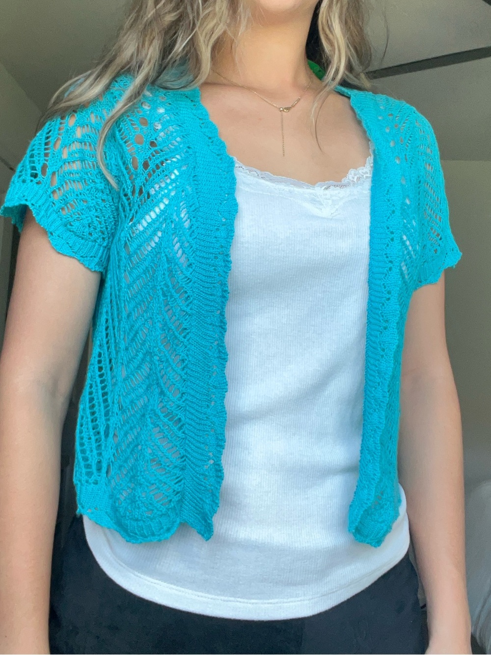 Open-Knit Teal Short Sleeve Sweater Shrug